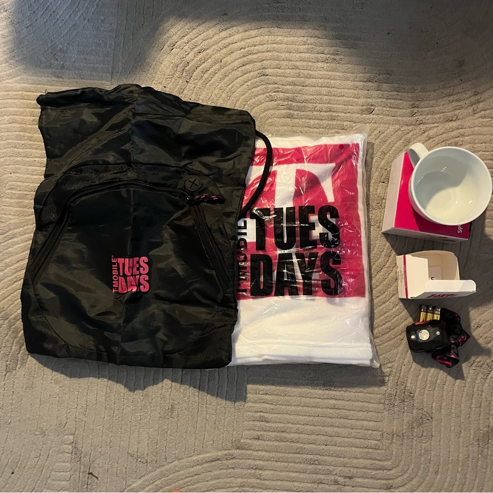 T-Mobile Tuesdays lot of mug, towel, led headlamp and drawstring backpack